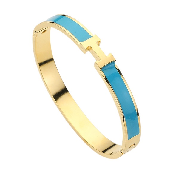 Jewelry - Gold and Blue H Monogrammed Enamel Bangle Bracelet